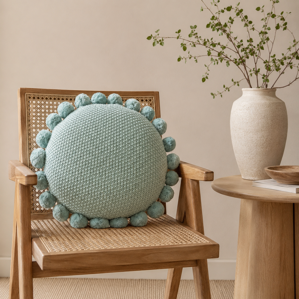 Soft Blue Round Knitted Cushion Cover with Pompoms, 40 cm — Urbane Hide