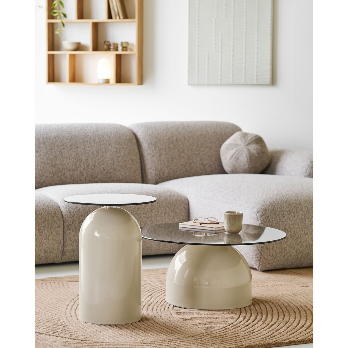 Ravello Side table, tempered glass/metal, grey/beige, ø40x52 cm