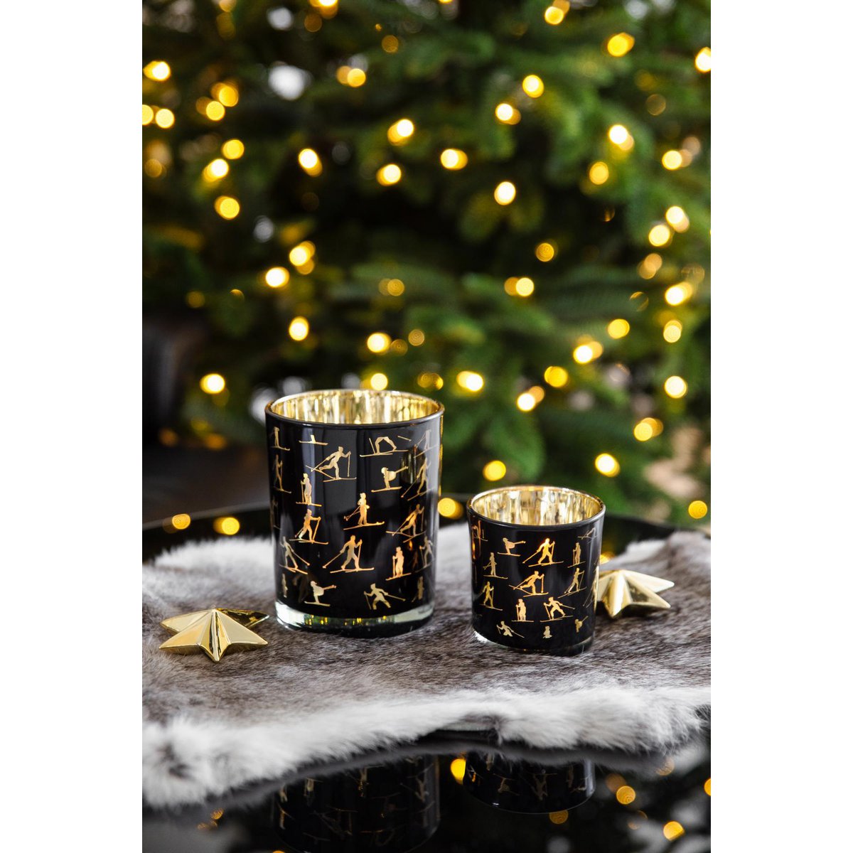 Set of 2 tea light glasses Monty (height 8 cm, ø 7.5 cm), lantern with skiing motif, gold / black