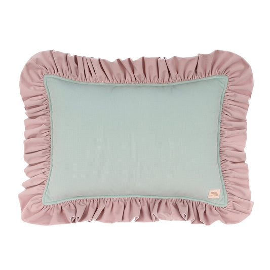 Decorative velvet pillow with frill "Strawberry matcha"