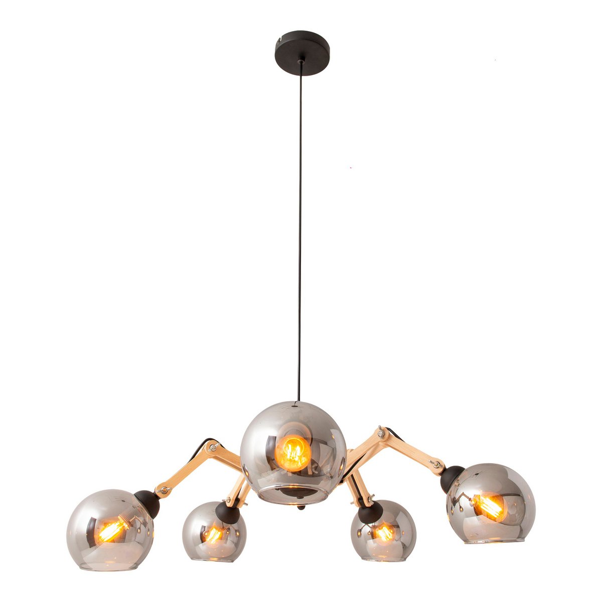 5 glass pendant lamp "Soito" hanging lamp made of metal, glass and rubber wood, with E14 socket, for dining room, living room, hallway or office, 80 cm diameter