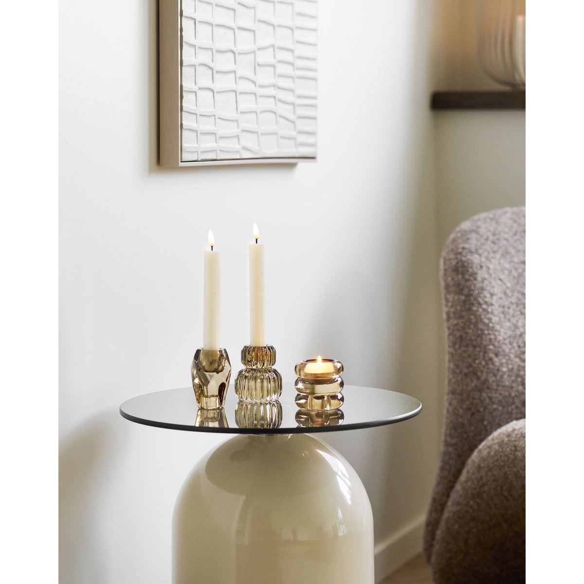 Ravello Side table, tempered glass/metal, grey/beige, ø40x52 cm