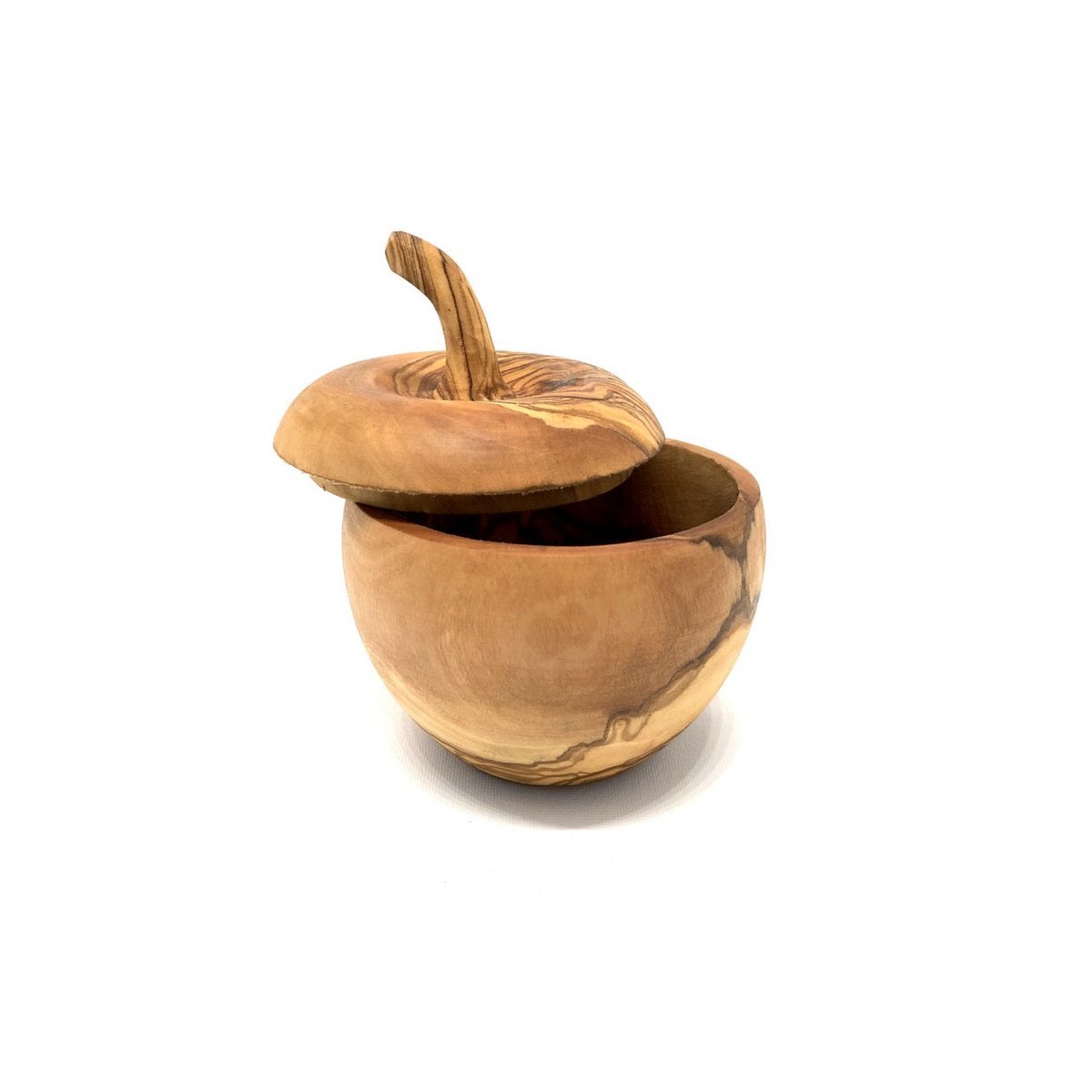 Apple-shaped salt box with salt shovel, olive wood