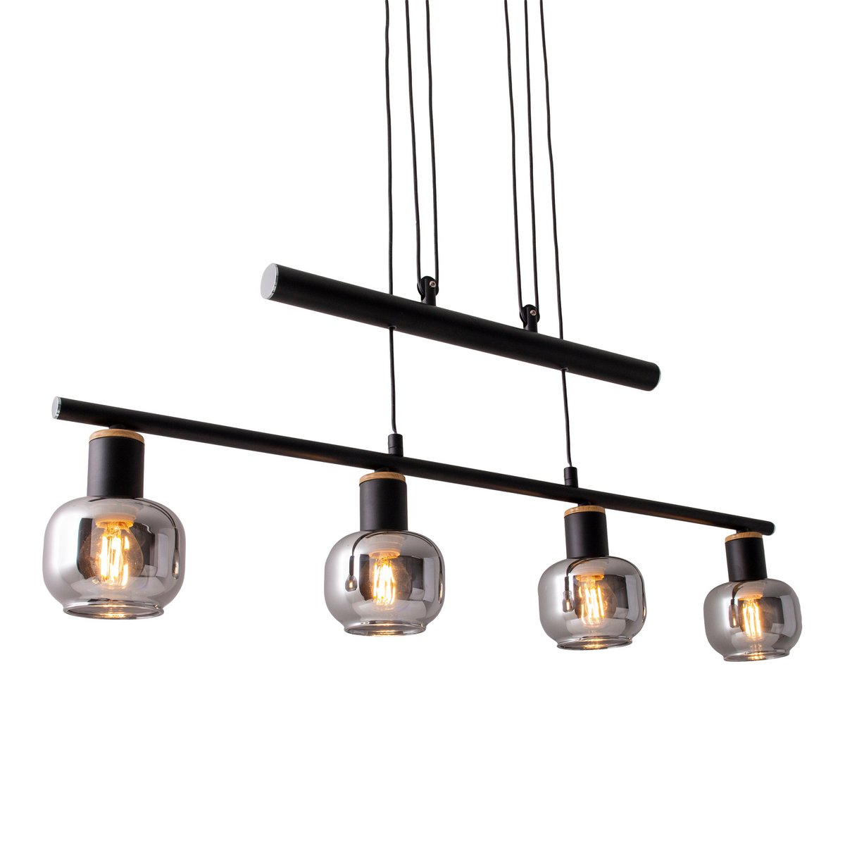 4 pendellampor "fumoso", pendellampa höj- och sänkbar av metall och rökt glas i svart, med E14-sockel, för matsal, vardagsrum, hall eller kontor, 78 x 10 cm