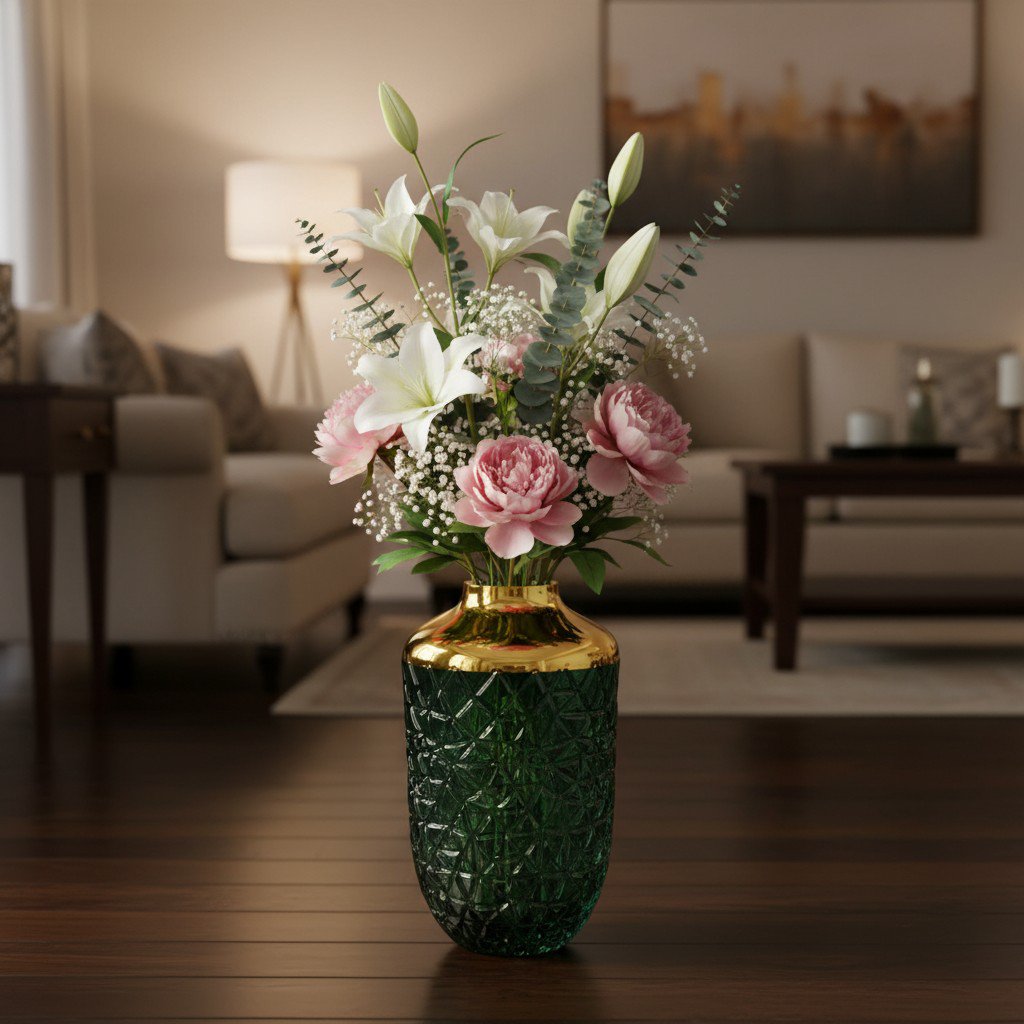 Green vase with golden edge 16 x 29 cm