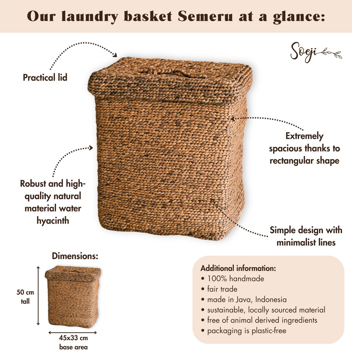 Large Laundry Basket with Lid – Decorative Woven Brown Basket – Rectangular Laundry Hamper – Boho Basket Handmade from Water Hyacinth SEMERU