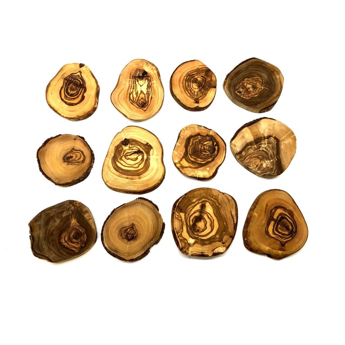 Set of 12 coasters RUSTIC ROUND approx. Ã˜ 10 to 12 cm made of olive wood