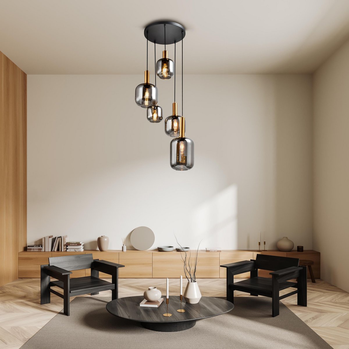 5er Pendelleuchte "FUMO", Pendellampe aus Metall und Glas in Schwarz,, mit E14-Fassung, für Esszimmer, Wohnzimmer, Diele oder Büro, Hängelampe Ø ca. 55 cm