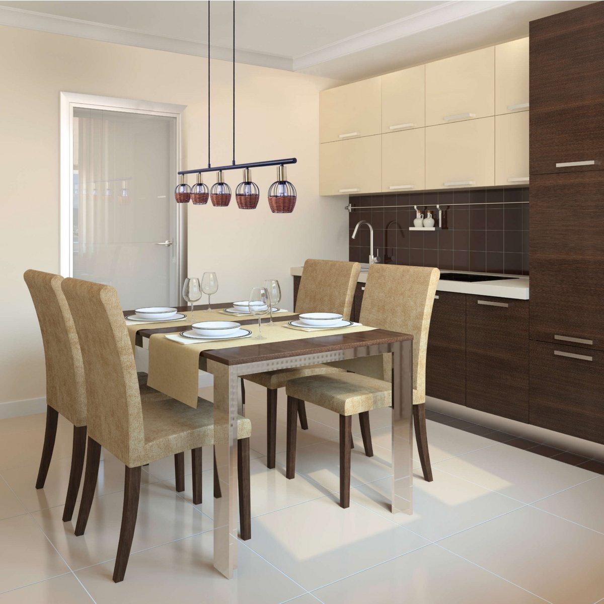 5er Pendelleuchte "CORBIS", Hängelampe aus Metall in Schwarz, mit Gold und Rattan, mit E14-Fassung, für Esszimmer, Wohnzimmer, Diele oder Büro, 100 cm lang