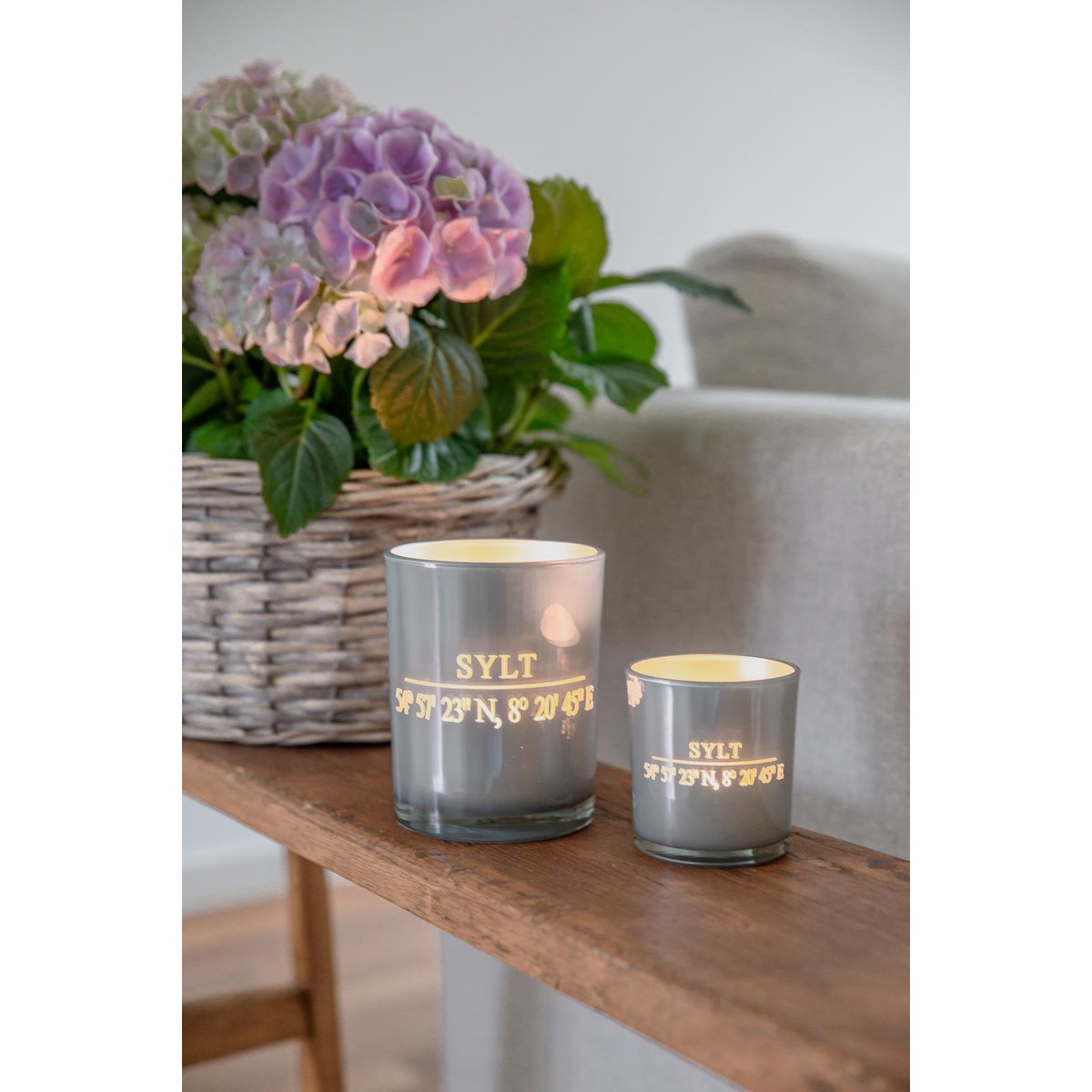 Set of 2 tea light glasses Sylt (height 8 cm, ø 7.5 cm) in grey, elegant lantern with Sylt coordinates