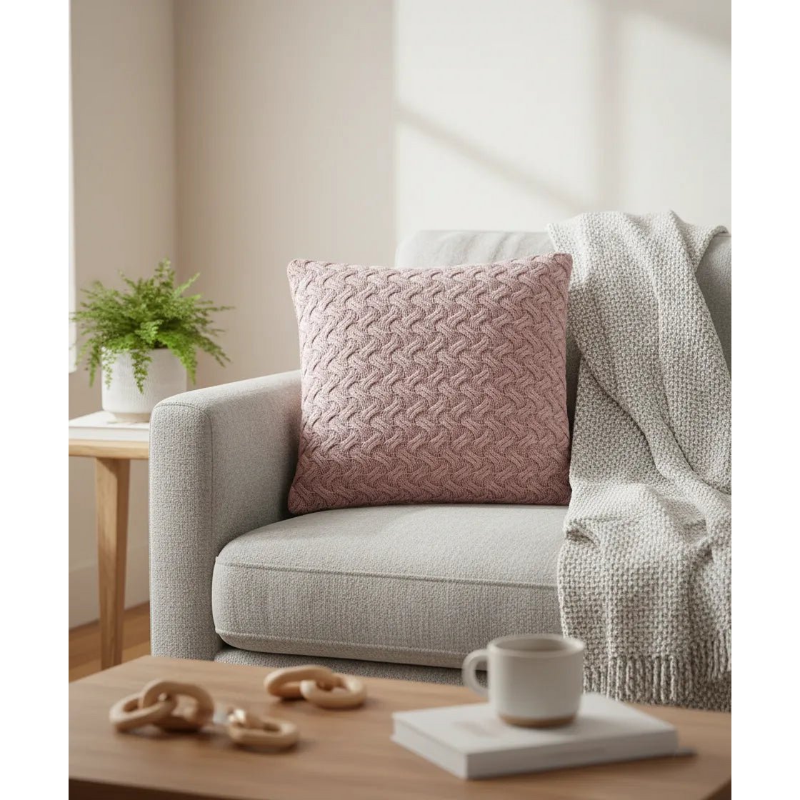 Soft Pink – Cushion Cover / Kussenhoes – Knitted Cable Pattern – 45×45 cm – Urbane Hide