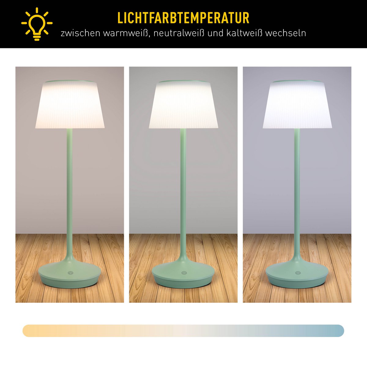 Solar battery lamp "Emmi" 38 cm high, umbrella Ø 13 cm, metal in MINT and white plastic, for the outdoor area, dimmable CCT.
