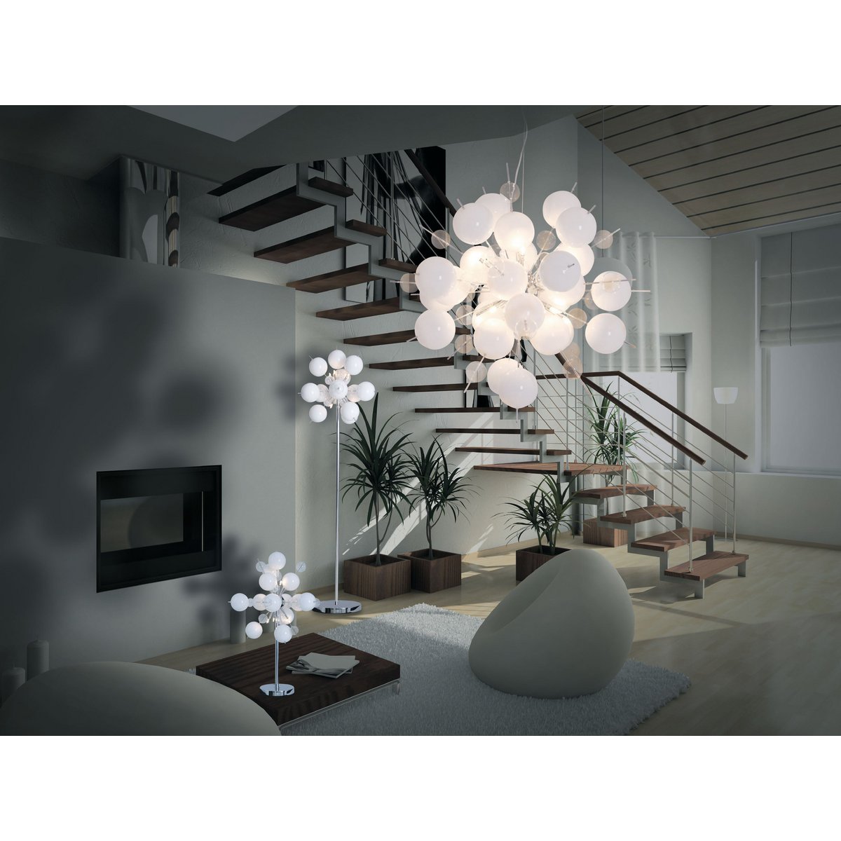 Pendant lamp "explosion" white made of metal and glass, G9 versions, for dining room, living room, hallway or office, hanging lamp Øca 65 cm