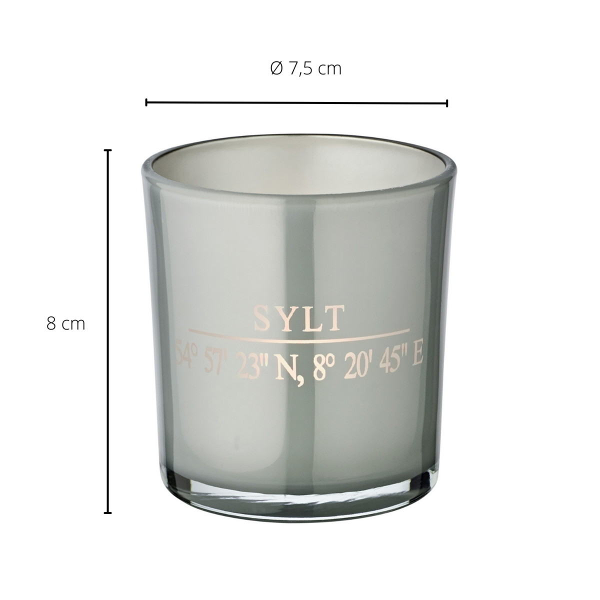 Set of 2 tea light glasses Sylt (height 8 cm, ø 7.5 cm) in grey, elegant lantern with Sylt coordinates