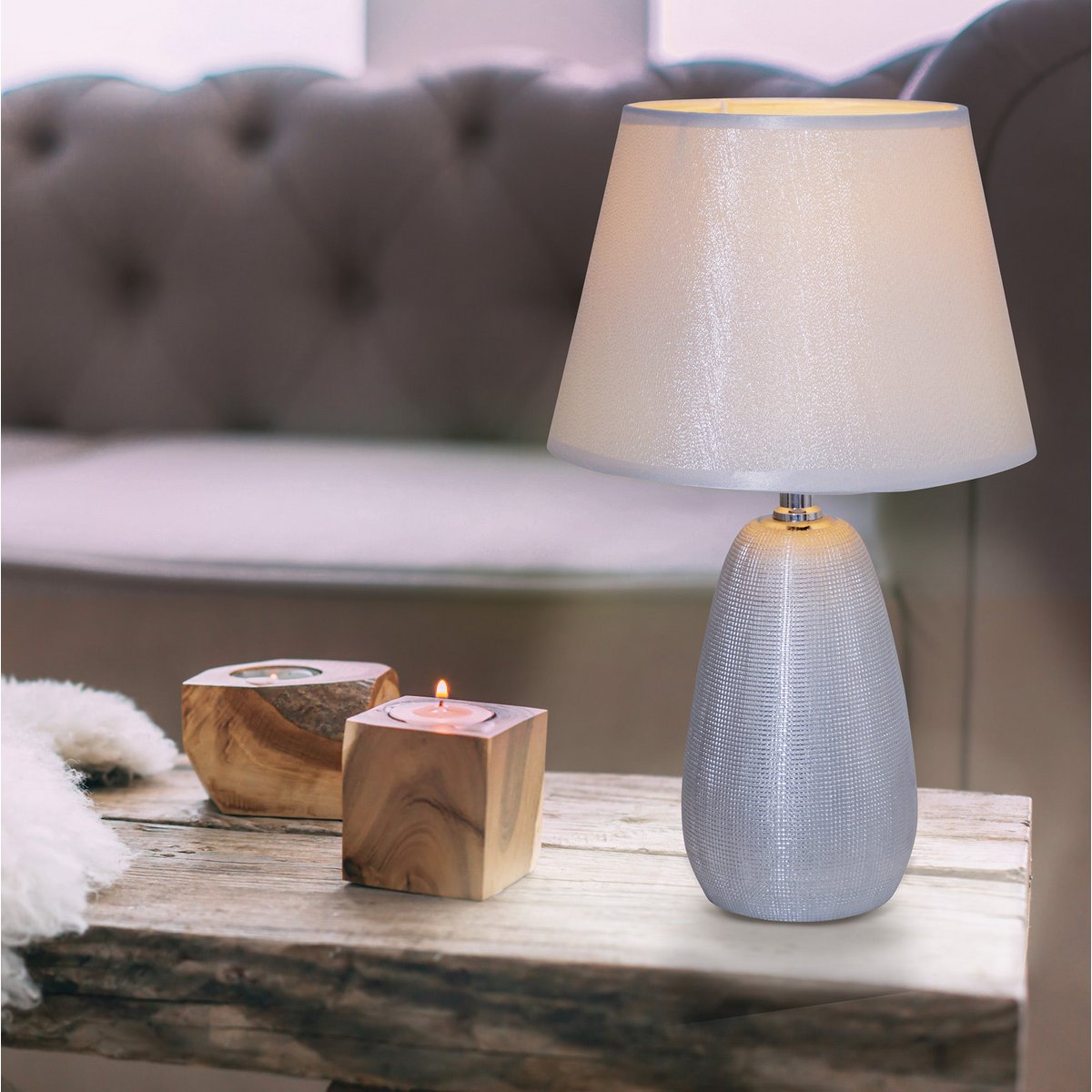 Ceramic table lamp H: 37cm "Simly Ceramics", table lamp made of ceramic, silver, with E14 socket, for dining room, living room, hallway or office, 31 cm high