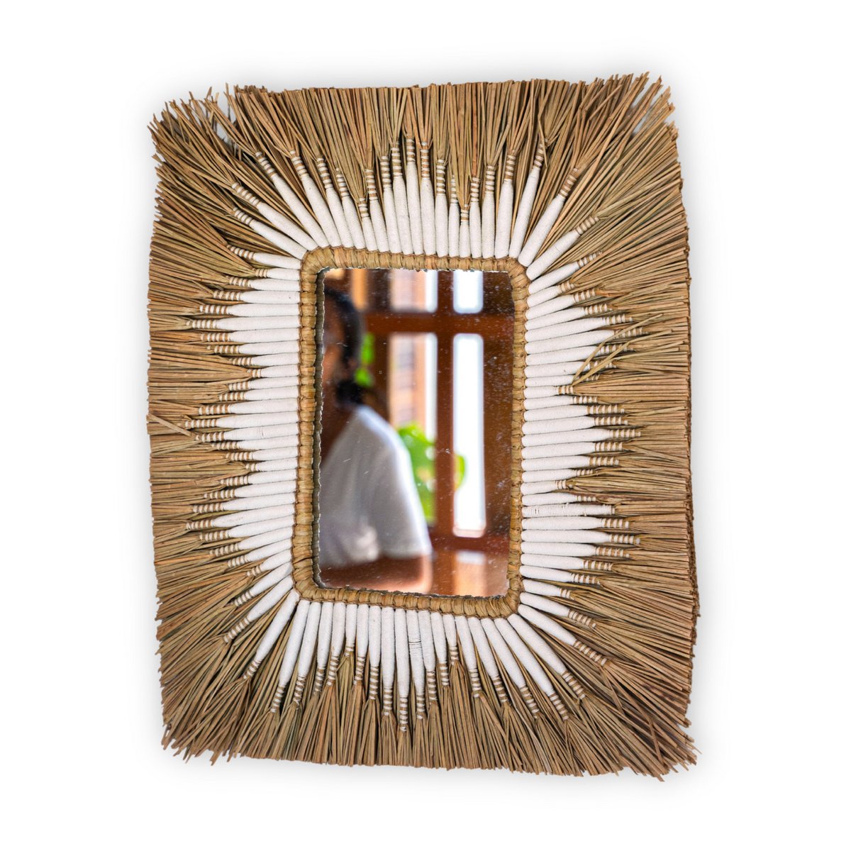 Seagrass Wall Mirror – Rectangular Boho Hanging Mirror – Fringe Wall Mirror with White Cotton Pattern 60x50 cm KIRANA
