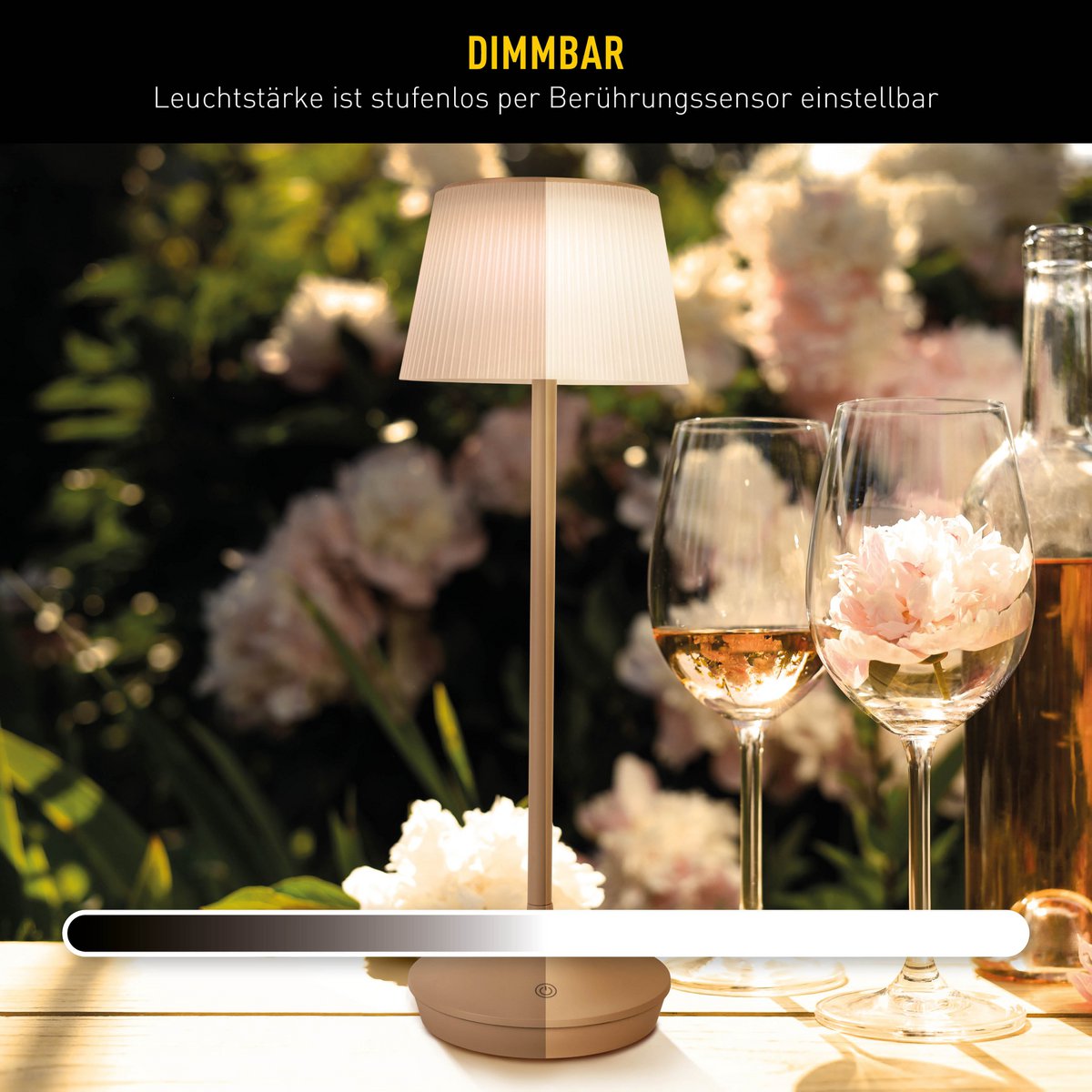 Solar battery lamp "Emmi" 38 cm high, umbrella Ø 13 cm, metal in almond and white plastic, for the outdoor area, dimmable CCT.
