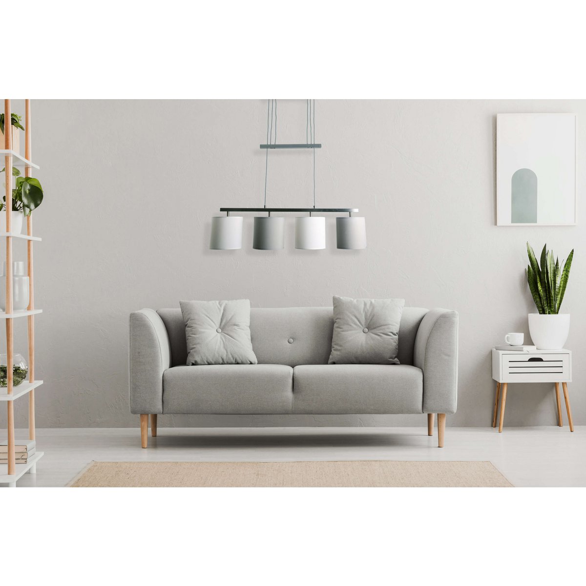 4 pendant lamp "Tilde", classic metal pendulum lamp and textile in gray and white, with E27 frame, height adjustable, 86 cm long, ideal as dining lamp