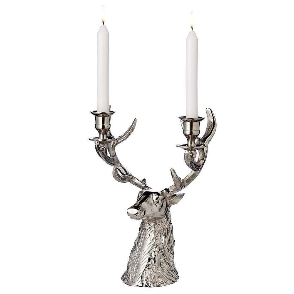 EDZARD candlestick candle holder deer antler height 33 cm, aluminum nickel-plated, for 2 stick candles