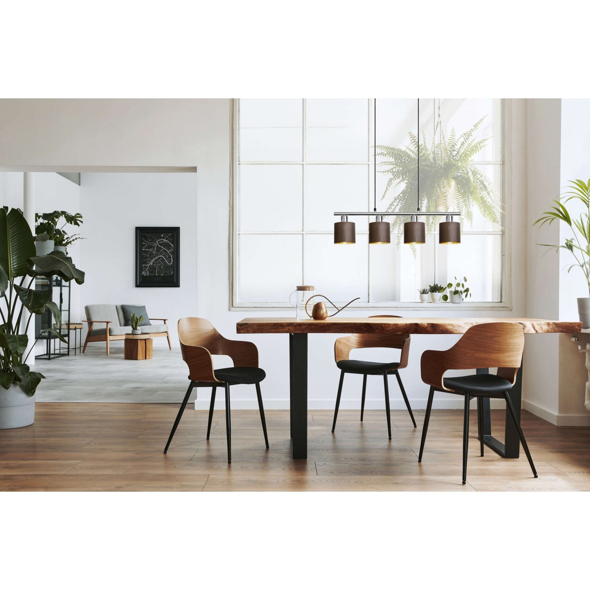 4 pendant lamp "Maron" made of metal-satin-matt with fabric umbrellas in brown, with E14 socket, lamp for living room or dining room, 71.5 x 12 cm