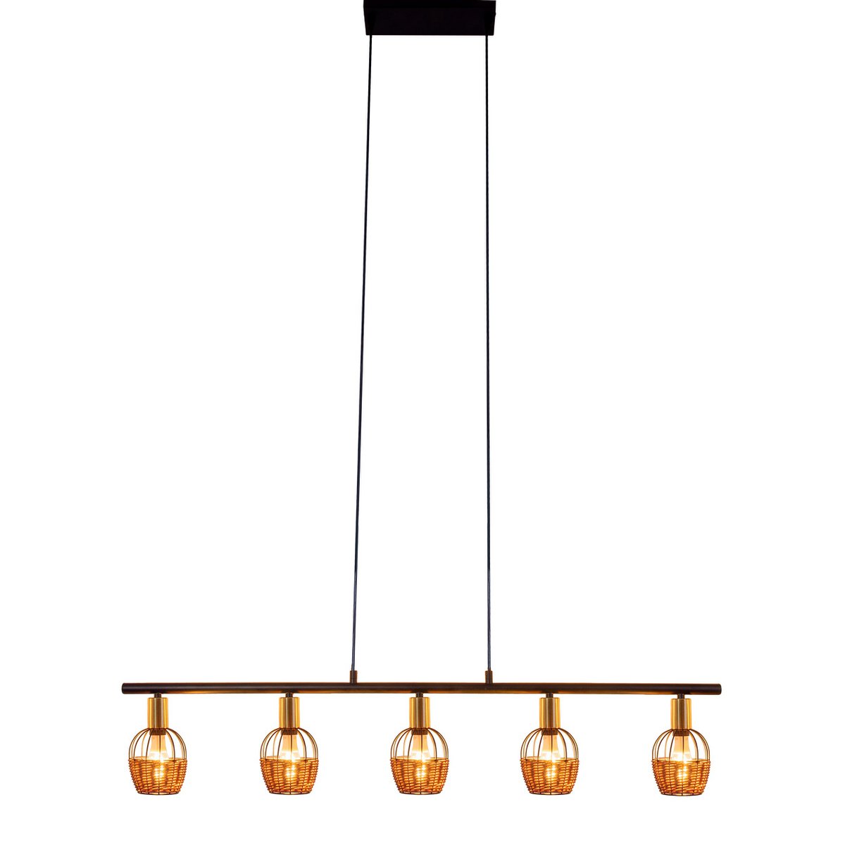 5er Pendelleuchte "CORBIS", Hängelampe aus Metall in Schwarz, mit Gold und Rattan, mit E14-Fassung, für Esszimmer, Wohnzimmer, Diele oder Büro, 100 cm lang