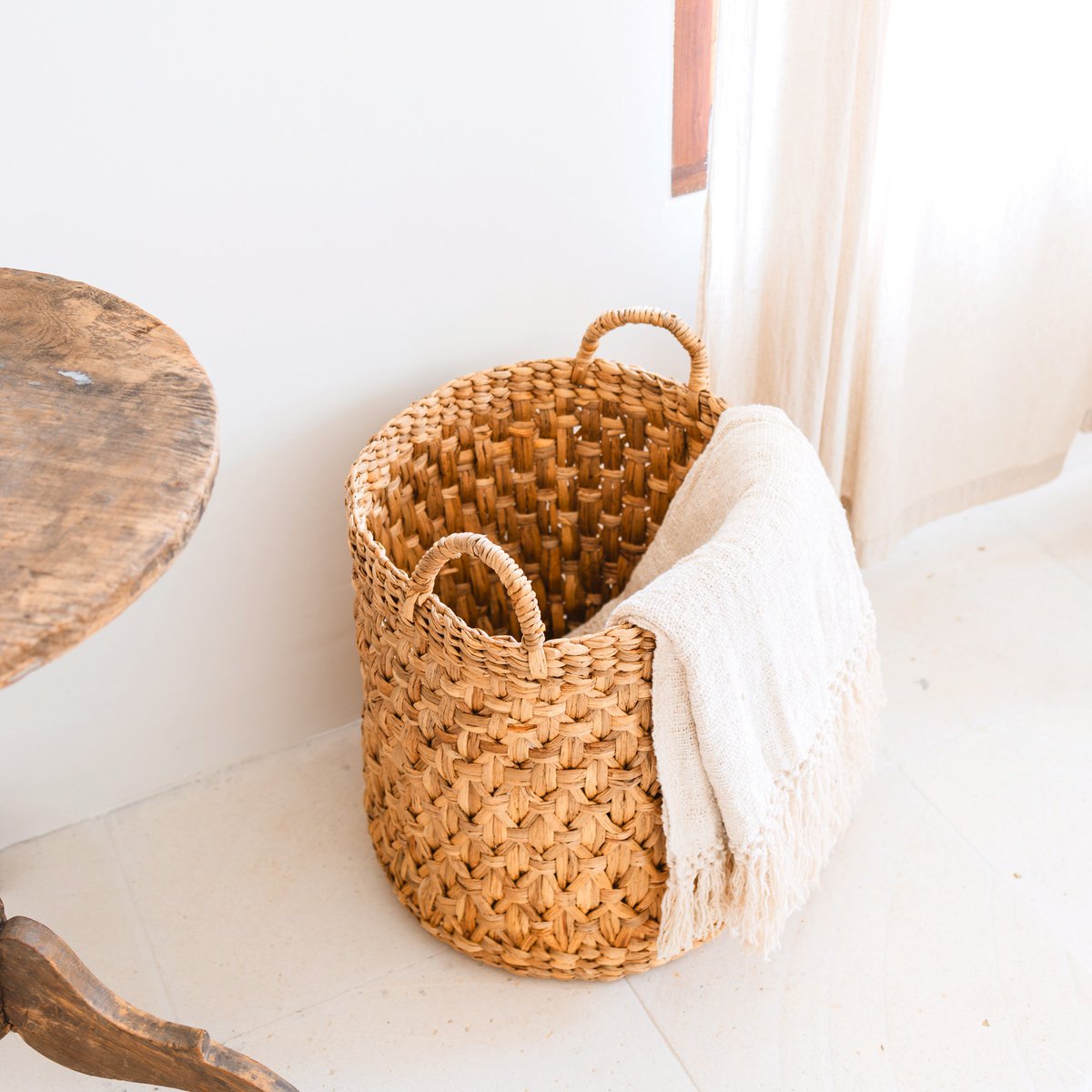 Round Woven Laundry Basket – Boho Plant Basket – Laundry Hamper Brown – Large Basket Made of Water Hyacinth RAJA (3 sizes Ø 35/40/50 cm)