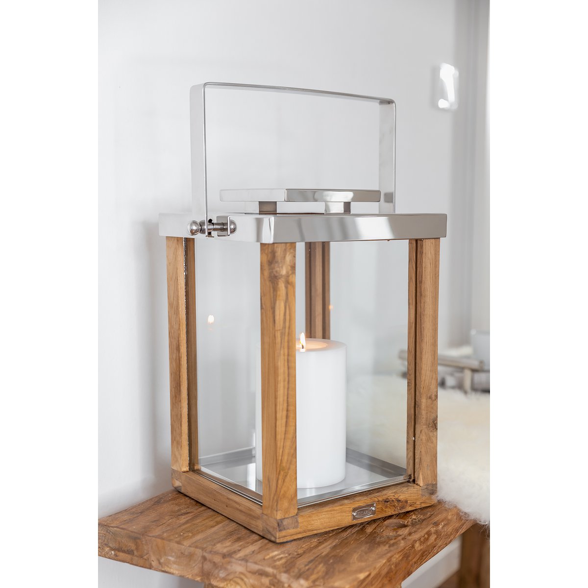 EDZARD lantern Miami with foldable handle, wood and stainless steel shiny nickel-plated, height 45.5 cm