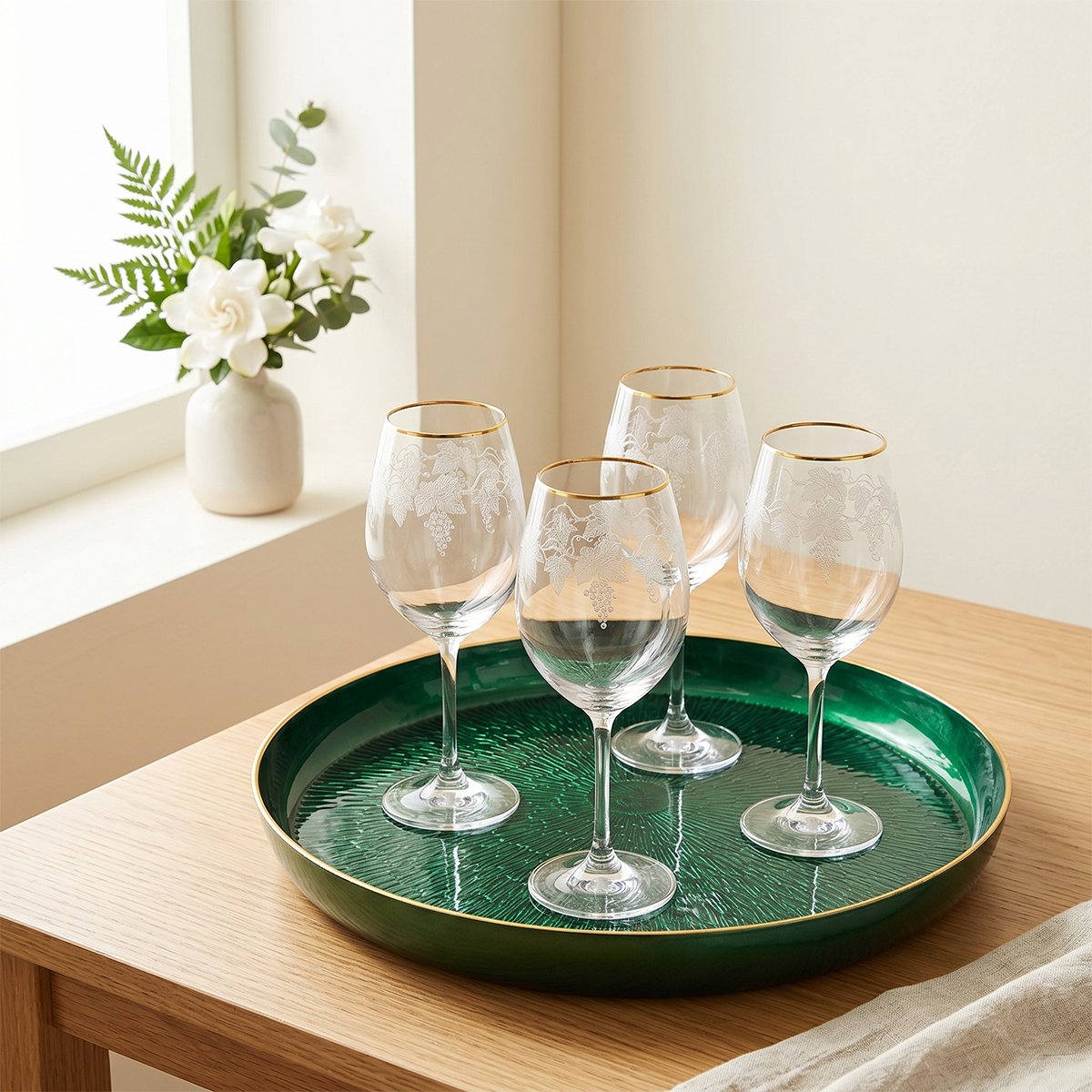 Round emerald green tray with gold edge 35x35x4cm
