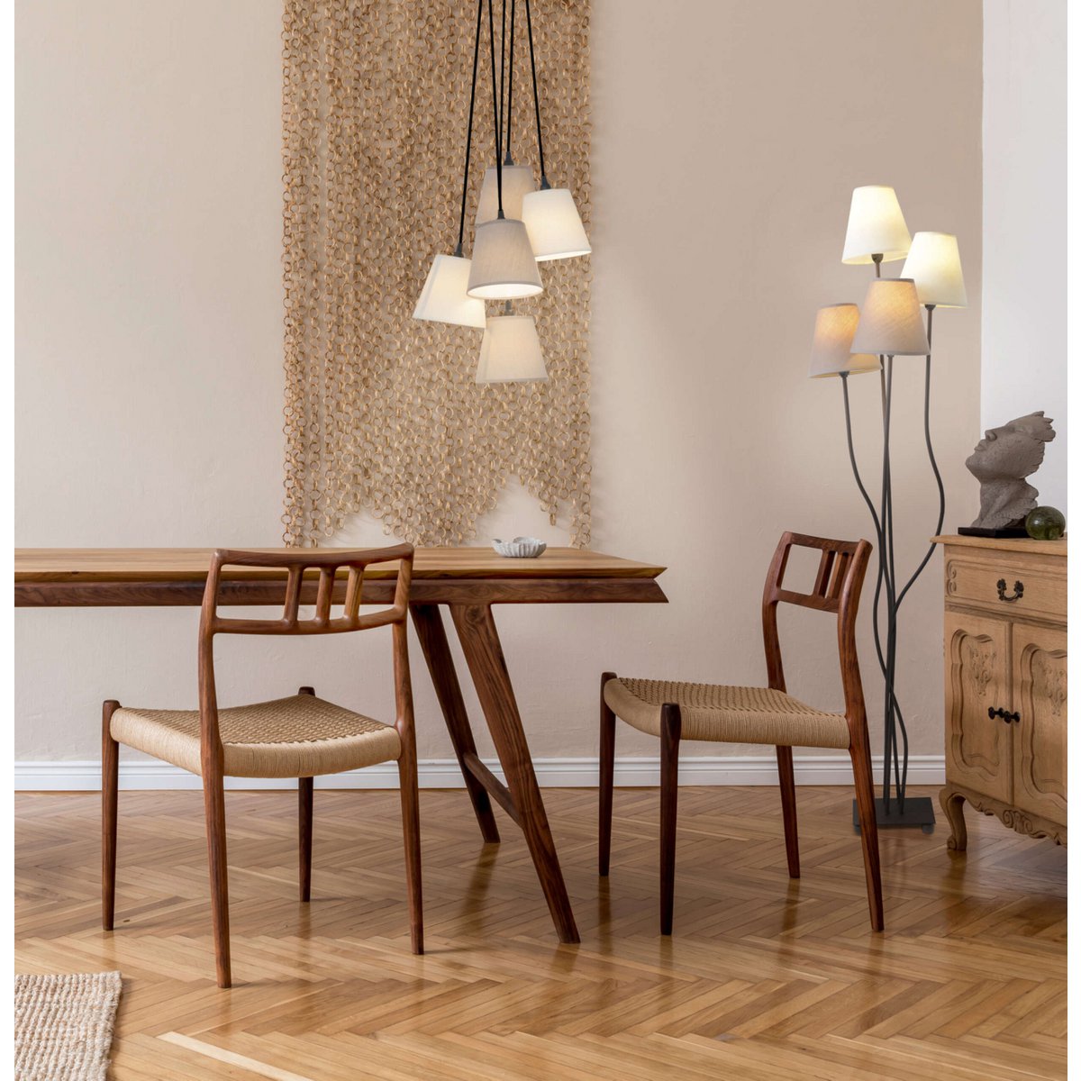 Textile standing lamp 4-flame "boho", floor lamp in beige/brown, with E14 socket, for dining room, living room, hallway or office, 138 cm high