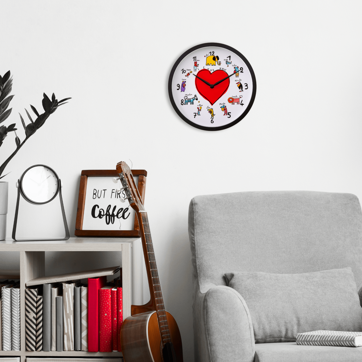 Wall clock-30 cm-Plastic-Black/White-'LoveZoo'
