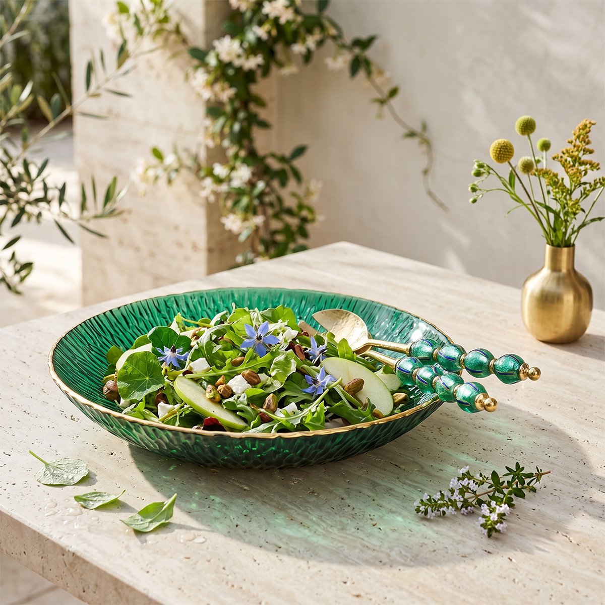 Emerald green bowl with gold edge 40.5cm