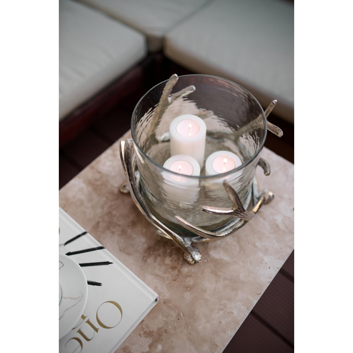 EDZARD lantern Kingston, antler design, aluminum, silver-colored, with glass, height 20 cm, ø 25 cm