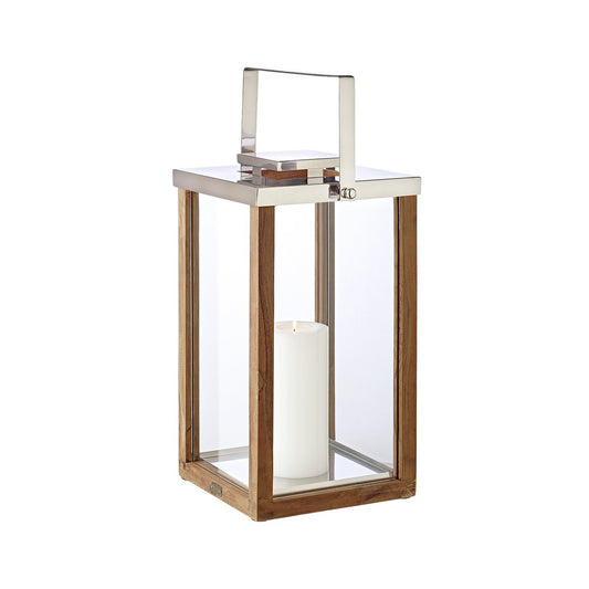 EDZARD lantern hurricane Miami with foldable handle, wood and stainless steel shiny nickel-plated, height 61.5 cm