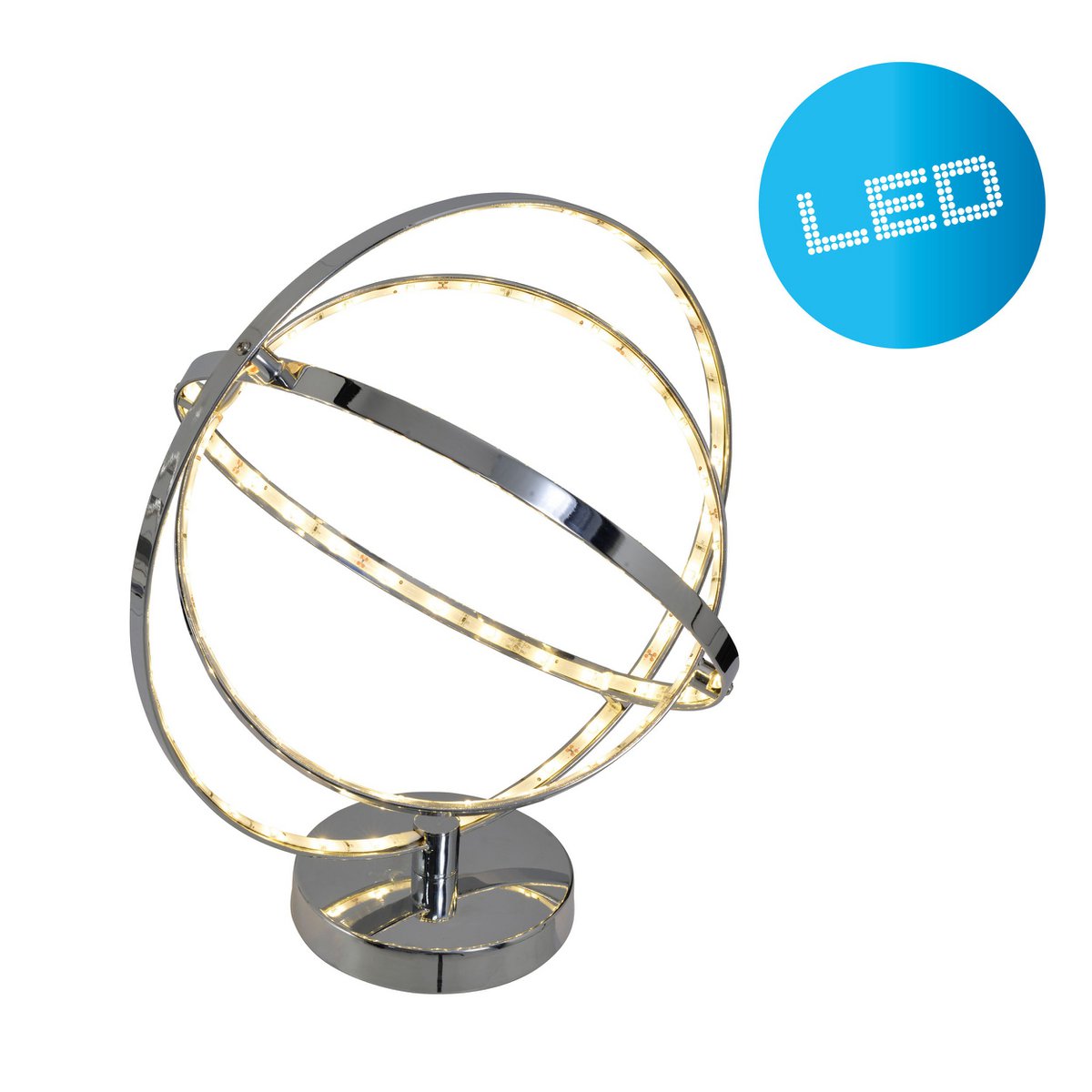 LED Tischleuchte 39 cm, chromfarbenes Metall, integrierte LEDs.