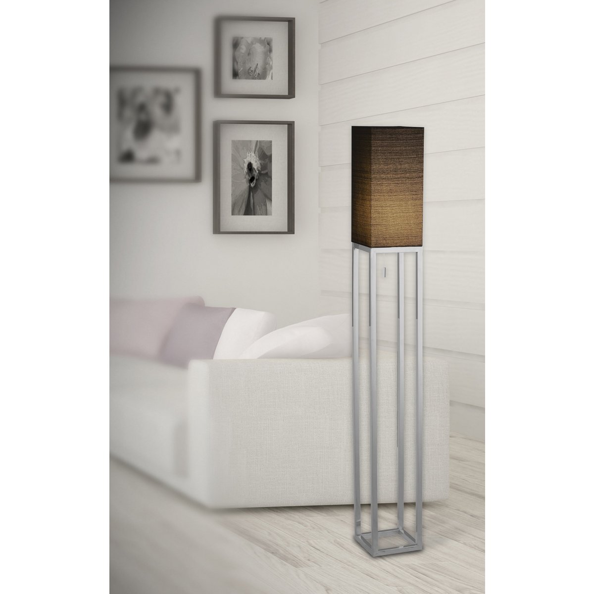Standing lamp "Alfa", modern floor lamp made of metal and textile in chrome/dark gray, with E27 socket, 150.5 cm high, chic lamp for hallway, living room and office