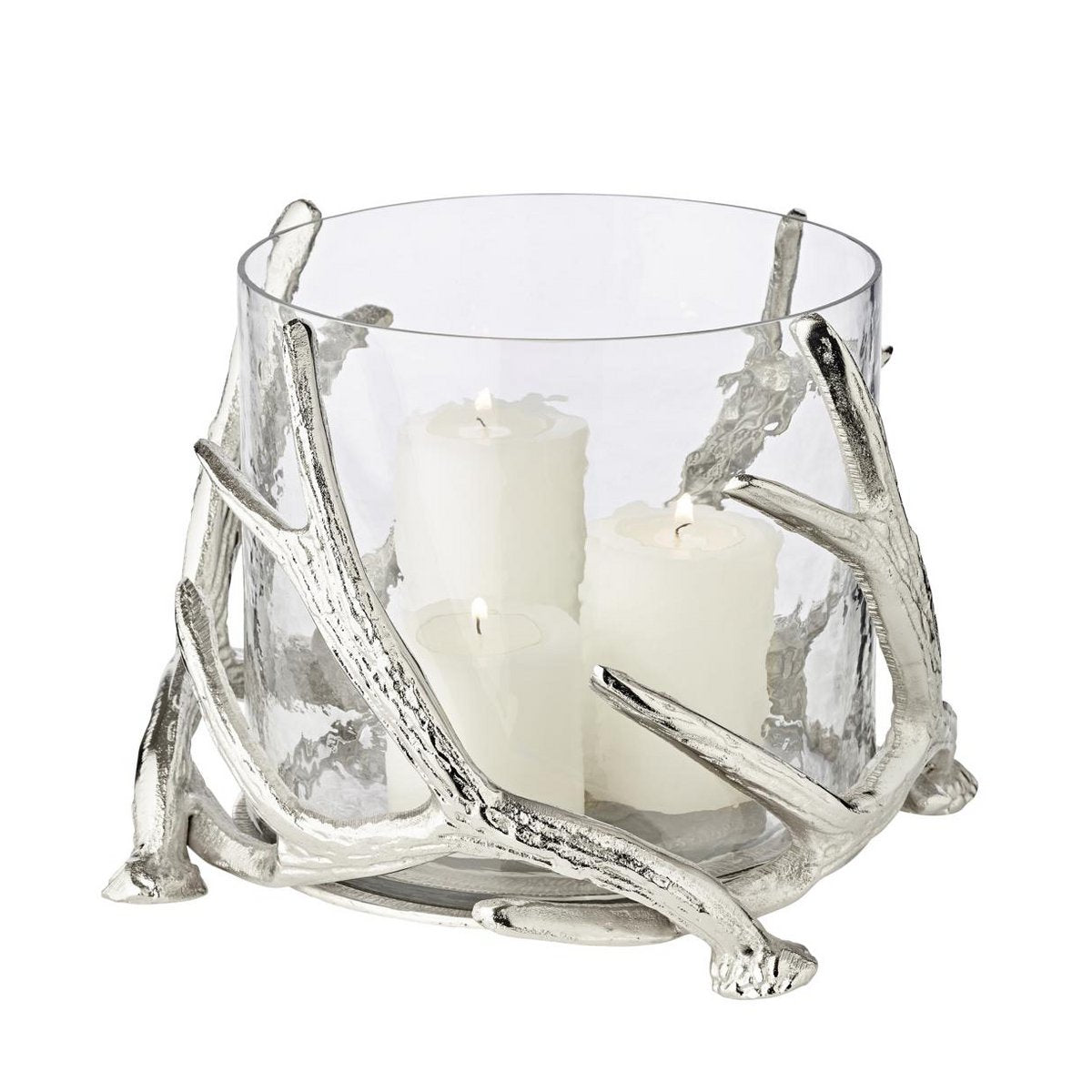 EDZARD lantern Kingston, antler design, aluminum, silver-colored, with glass, height 20 cm, ø 25 cm