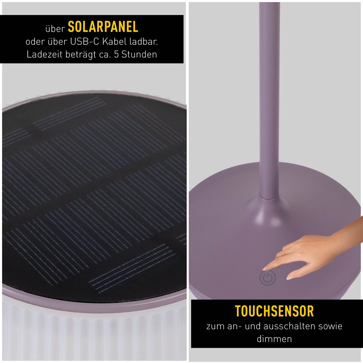 Solar battery lamp "Emmi" 38 cm high, umbrella Ø 13 cm, metal in blackberry and white plastic, for the outdoor area, dimmable CCT.