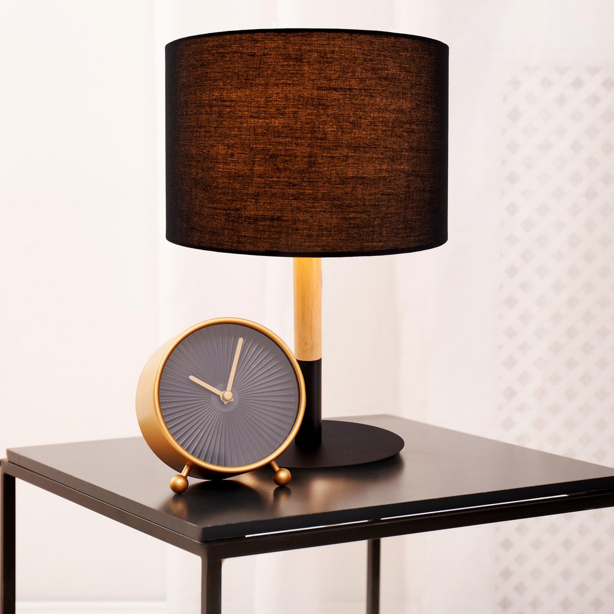 Textil-Tischleuchte "TESSILE", Tischlampe aus Metall, Textil und Gummibaumholz in Schwarz,/Natur, mit E14-Fassung, für Esszimmer, Wohnzimmer, Diele oder Büro, 37 cm hoch