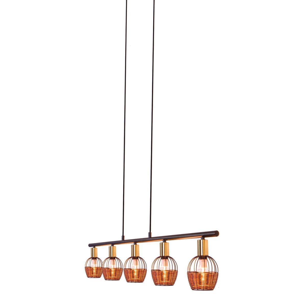 5er Pendelleuchte "CORBIS", Hängelampe aus Metall in Schwarz, mit Gold und Rattan, mit E14-Fassung, für Esszimmer, Wohnzimmer, Diele oder Büro, 100 cm lang