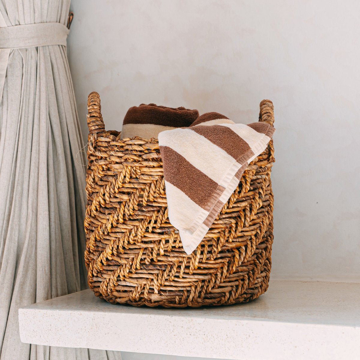 Boho Laundry or Plant Basket – Round Woven Storage Basket – Decorative Basket Made of Banana Fibre (3 sizes Ø 25/32/38 cm) RINJANI
