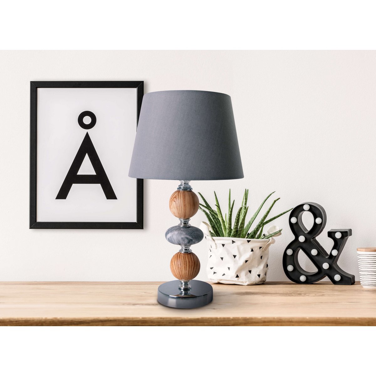 Ceramic table lamp "Araga" 36 cm high, table lamp made of metal, wood and marble, with text blades, gray, with E14 socket, lighting for dining room, living room, hallway or office