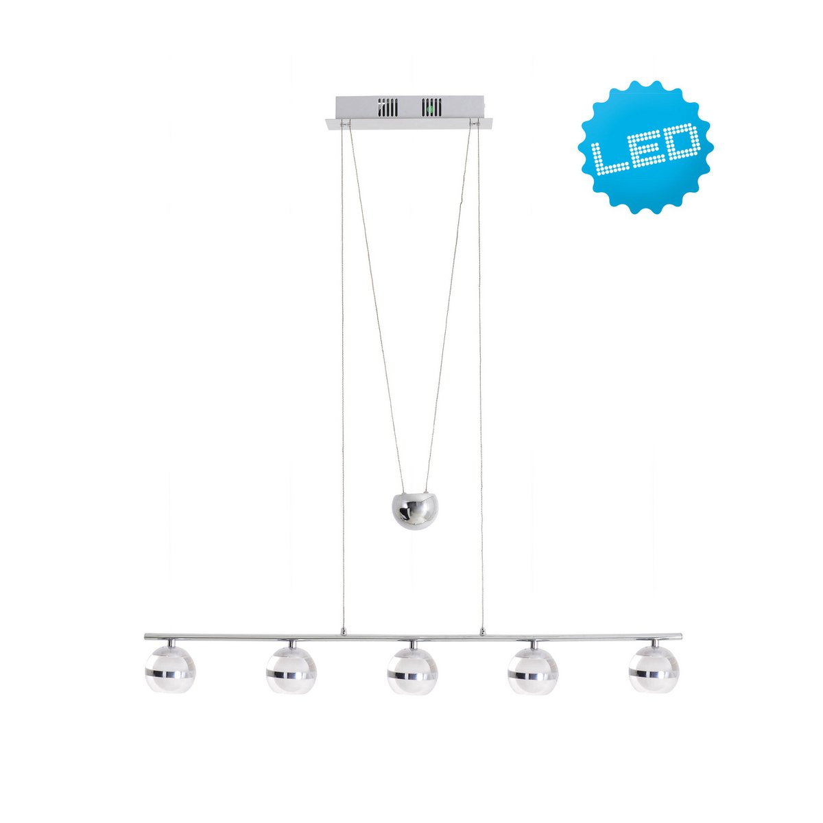 LED in return pendant light "Sphere" made of metal and glass in chrome, with integrated LED