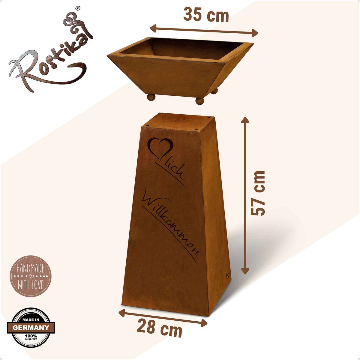 Rust decorative column warm welcome with flower bowl in patina