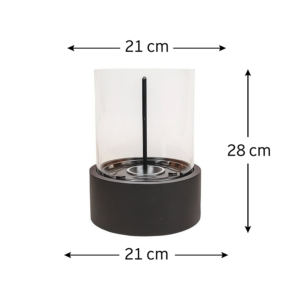 Table Fireplace - Round - Metal/Glass - Black - 21x21x28 cm