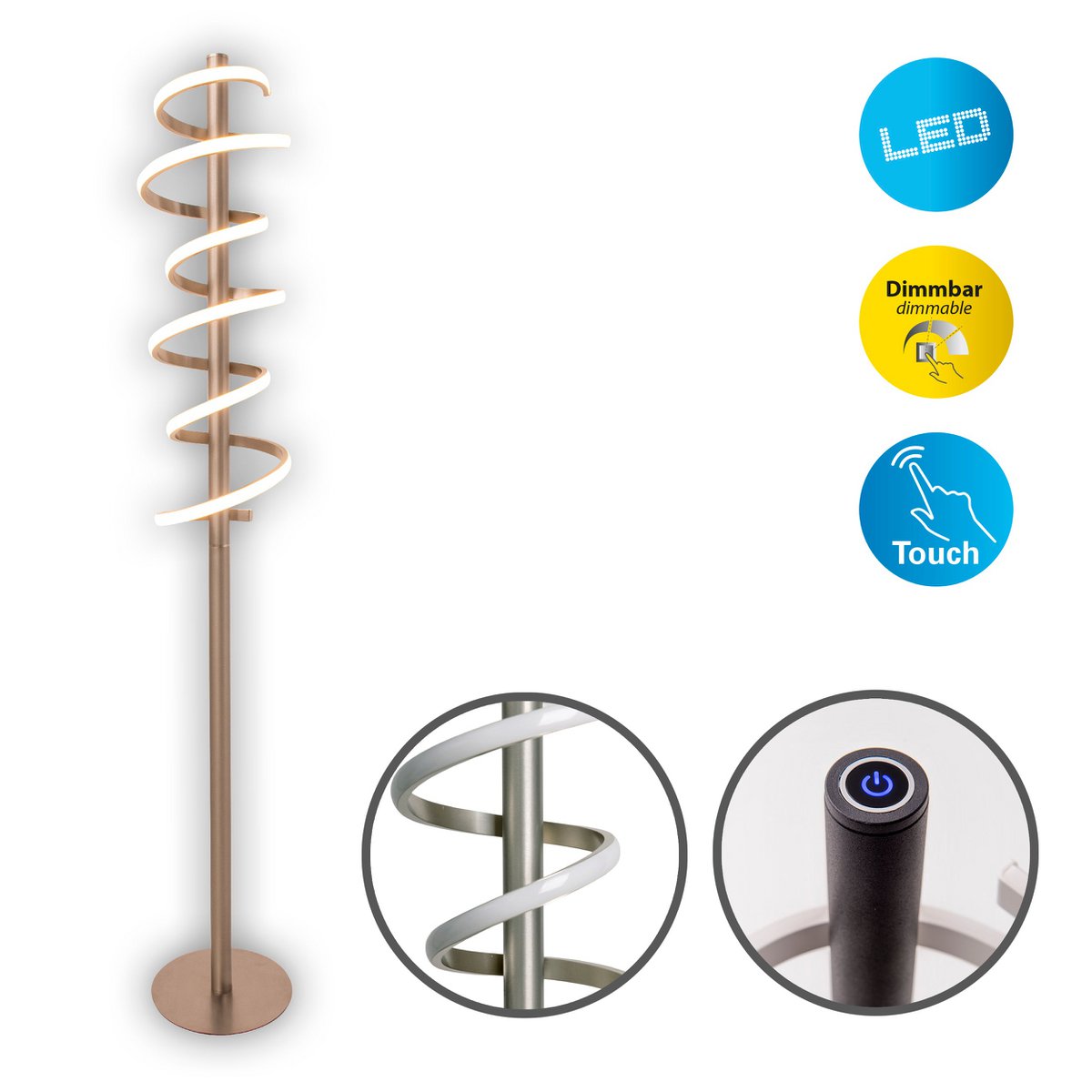 LED standing lamp "Belleza", modern floor lamp made of metal and plastic in nickel matt and white, with firmly built-in LEDs, 140 high, lighting for living room, dining room, bedroom or office.