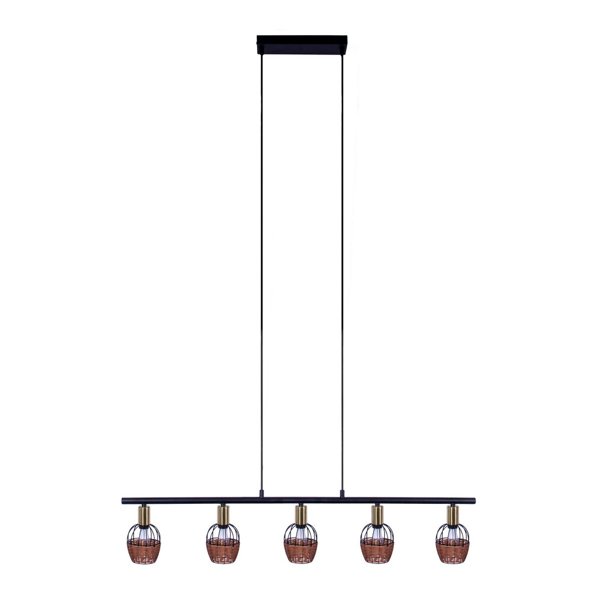 5er Pendelleuchte "CORBIS", Hängelampe aus Metall in Schwarz, mit Gold und Rattan, mit E14-Fassung, für Esszimmer, Wohnzimmer, Diele oder Büro, 100 cm lang