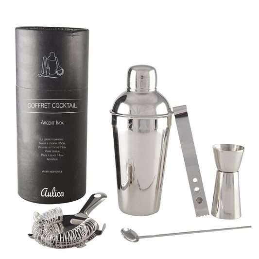 Cocktail shaker set 550ml 5 pieces silver color