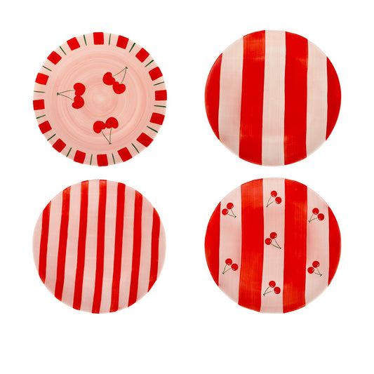 Körsbärsröda randiga efterrättstallrikar - 4-pack