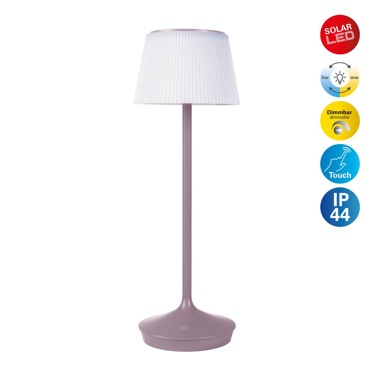 Solar battery lamp "Emmi" 38 cm high, umbrella Ø 13 cm, metal in blackberry and white plastic, for the outdoor area, dimmable CCT.