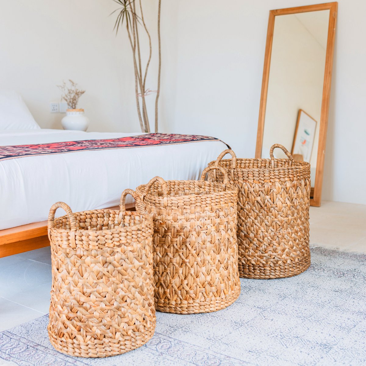 Round Woven Laundry Basket – Boho Plant Basket – Laundry Hamper Brown – Large Basket Made of Water Hyacinth RAJA (3 sizes Ø 35/40/50 cm)